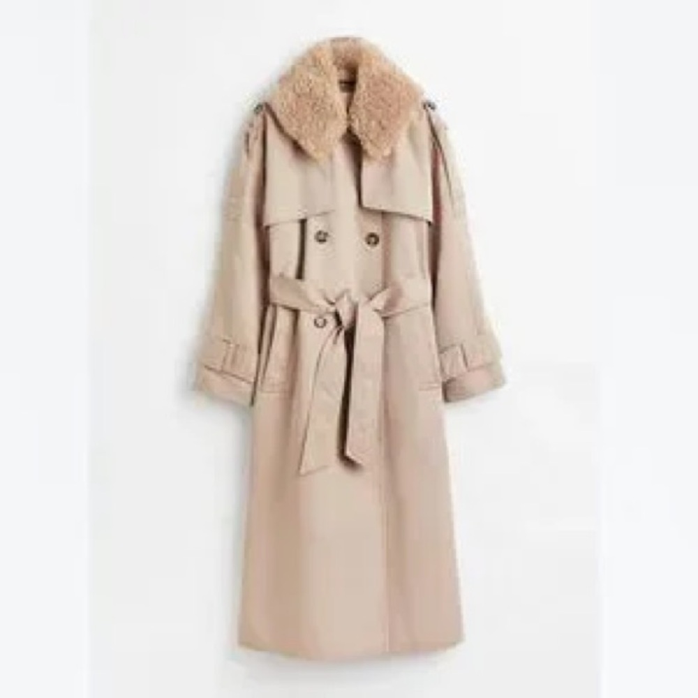 H&M Double-breasted Trench Coat Beige with Teddy Fur Collar Sz M NWT